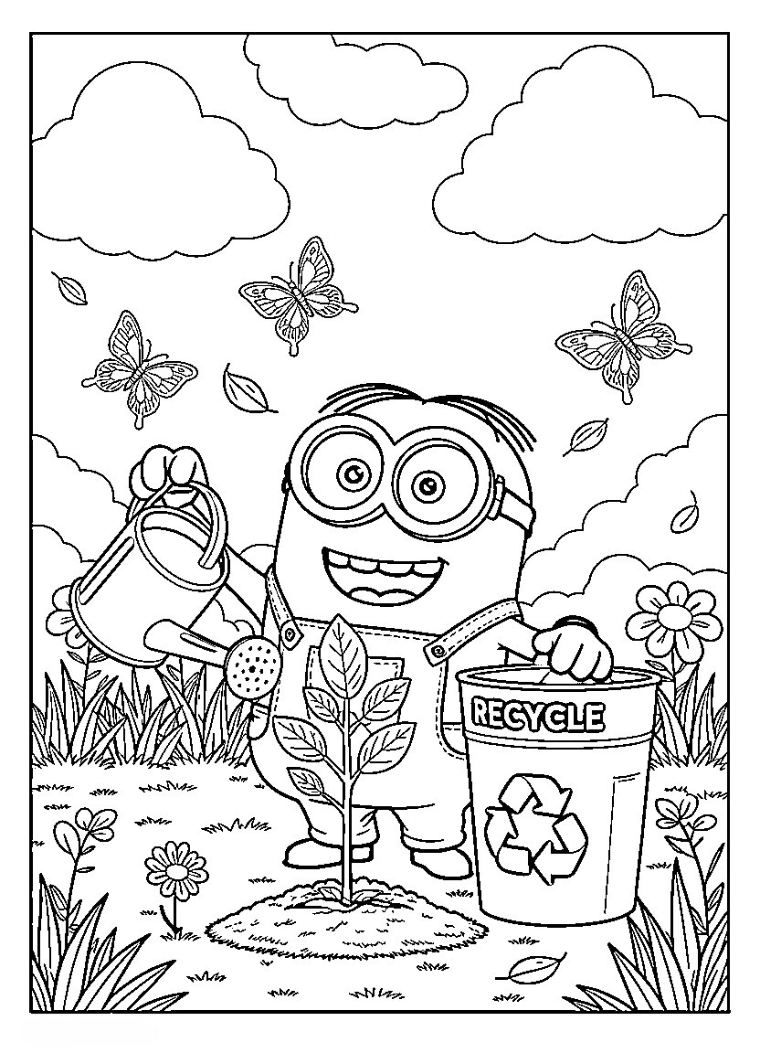 Minion planting a tree for Earth Day with nature and recycling symbols