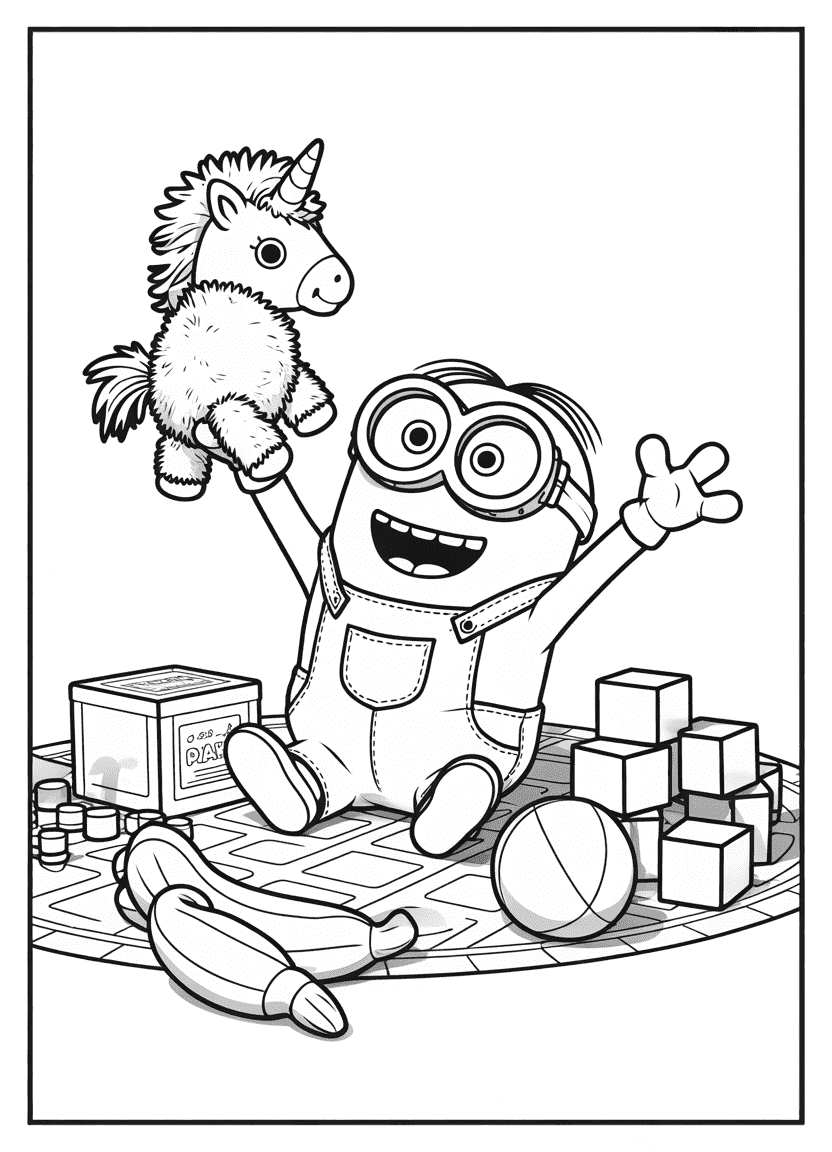 Minion playing with stuffed unicorn and toy box