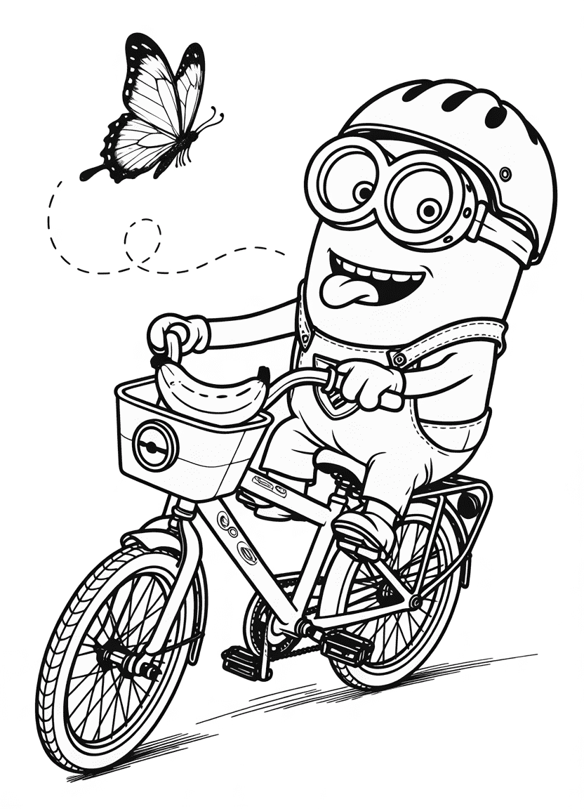 Minion riding a bicycle with helmet and banana in the basket