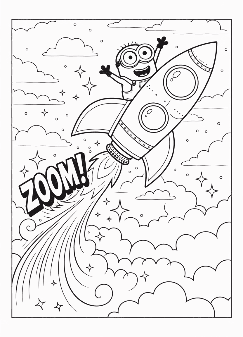 Minion riding a rocket with cartoon speed lines and stars