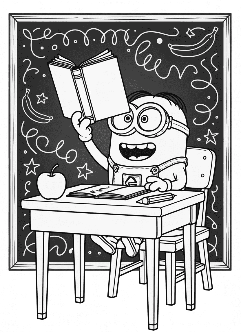 Minion sitting at school desk reading a book with classroom props