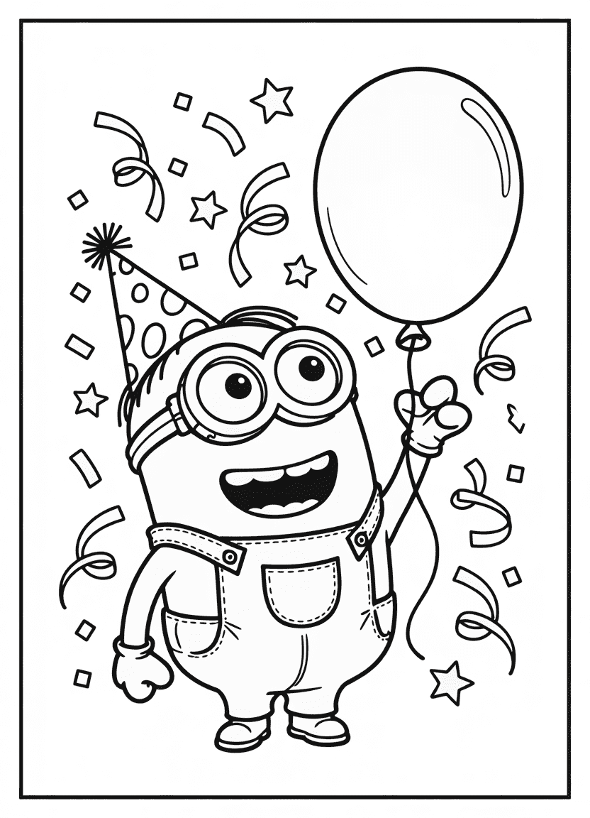 Minion with a balloon dog and party hat in cute cartoon style
