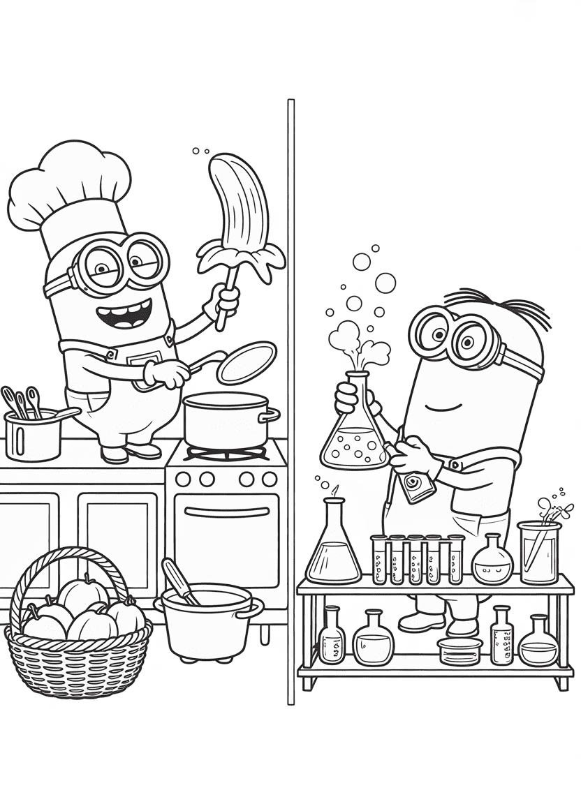 Minions as a chef and scientist in kitchen and lab settings