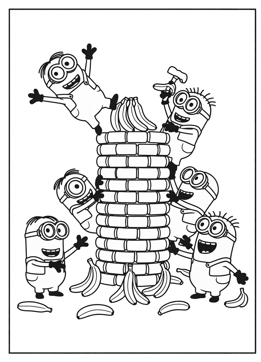 Minions building a tower from bananas with playful teamwork