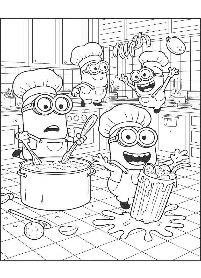 Minions cooking in the kitchen with food splatters and banana chaos