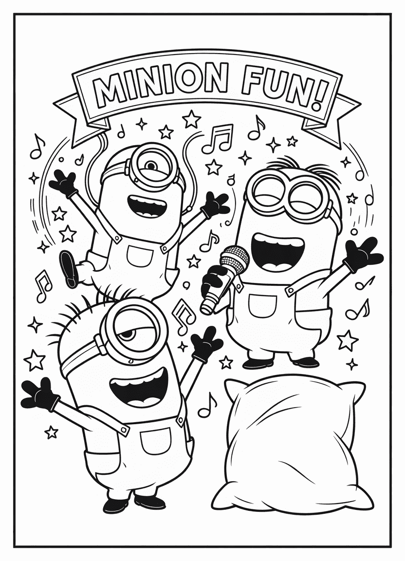 Minions dancing, singing, and looking sleepy in expressive cartoon poses