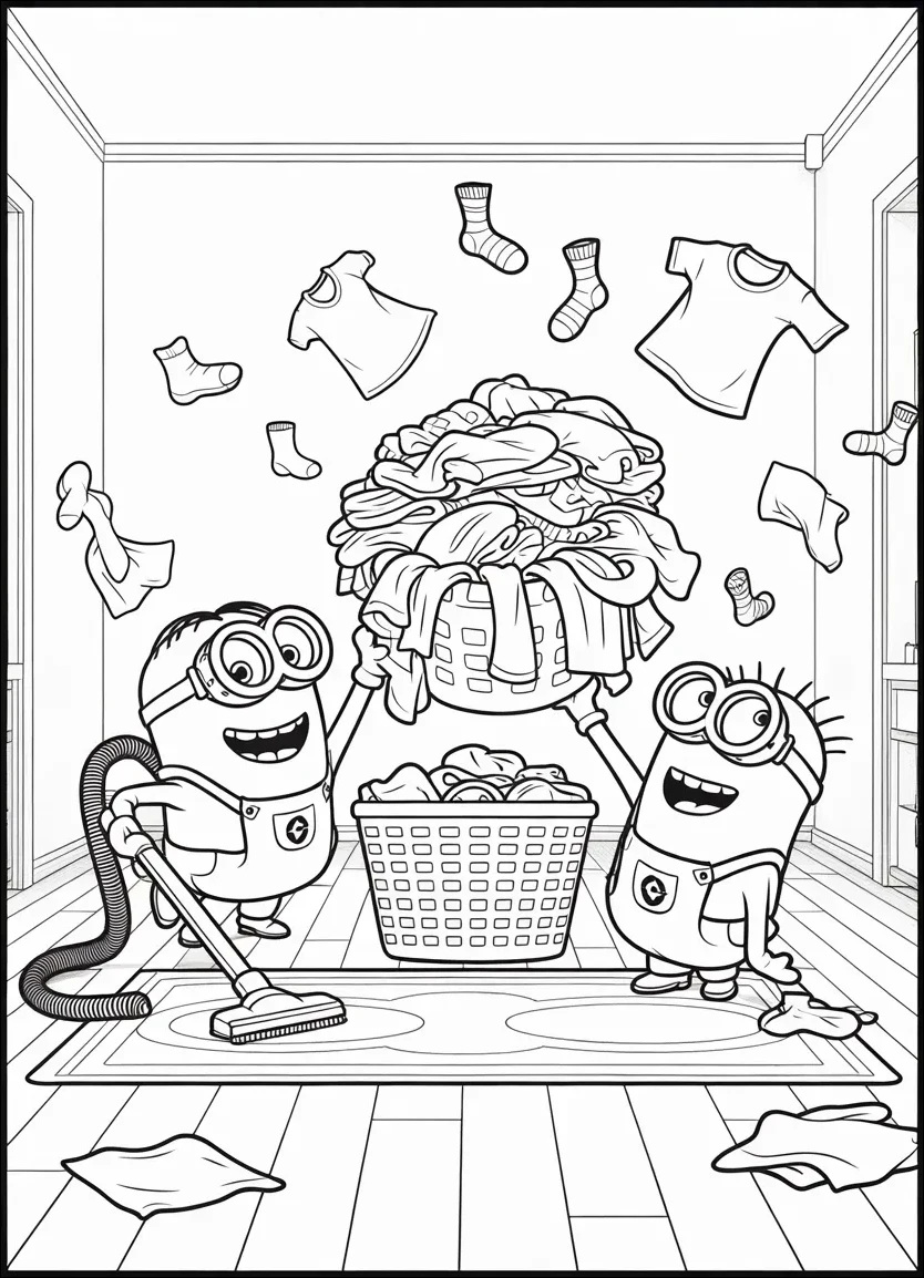 Minions doing house chores like vacuuming and folding laundry
