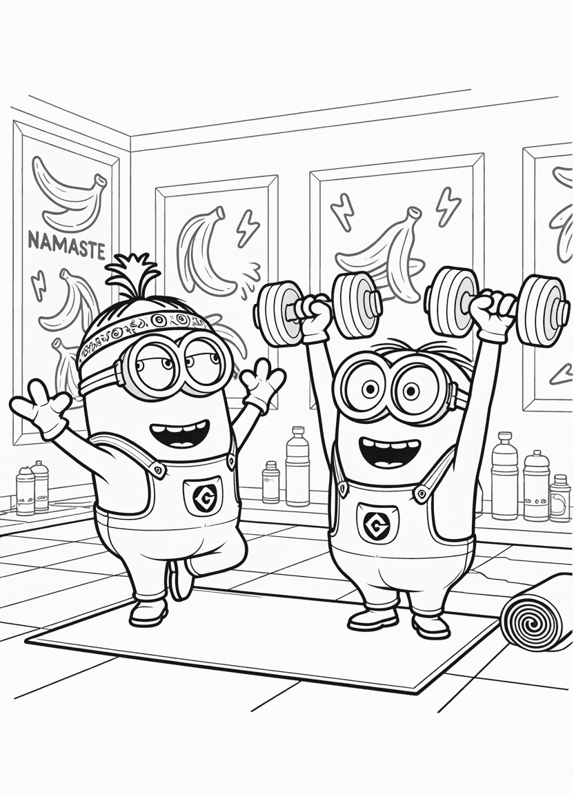 Minions doing yoga and lifting banana dumbbells in workout outfits
