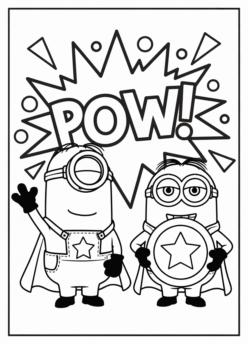 Minions dressed as superheroes in comic book-style poses