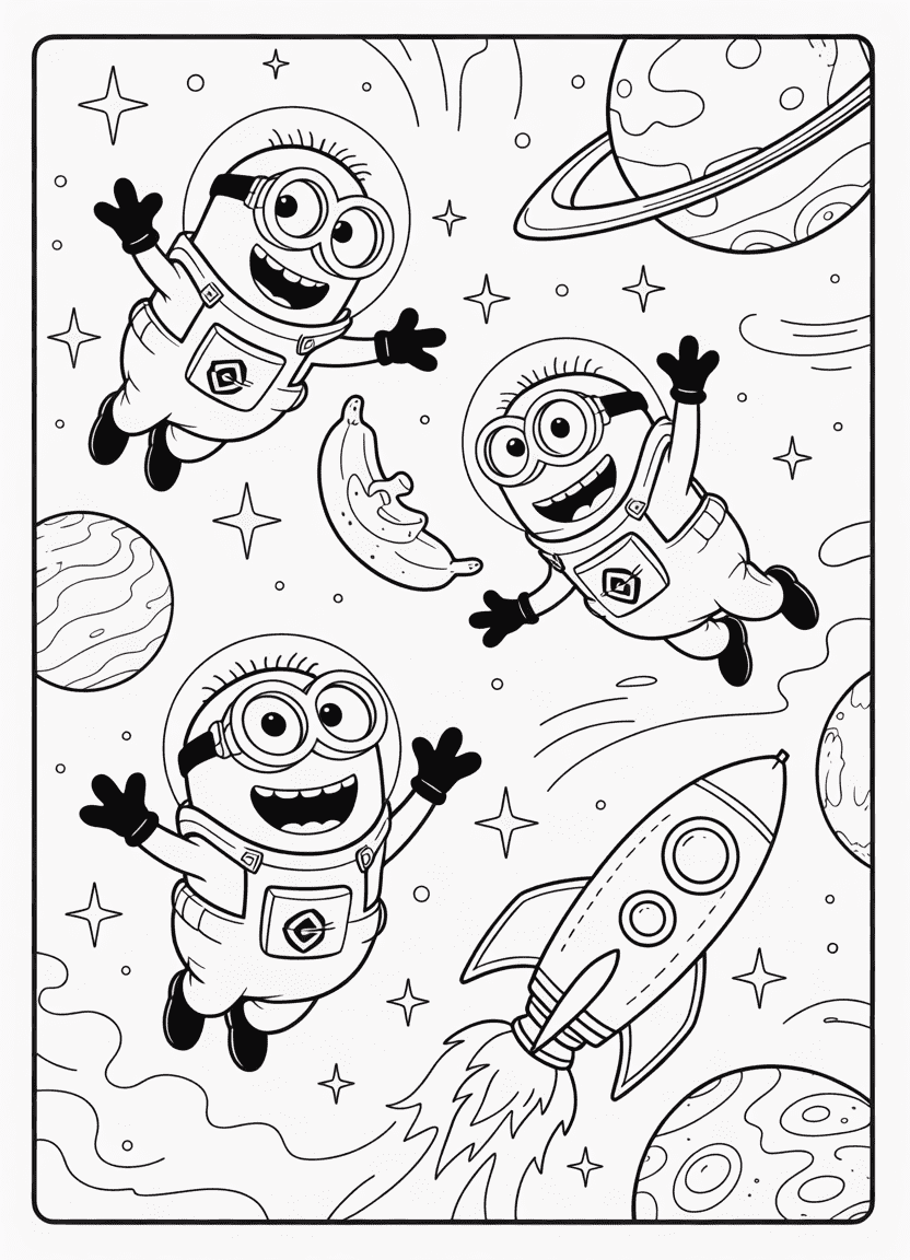 Minions in astronaut suits floating in outer space with planets and stars