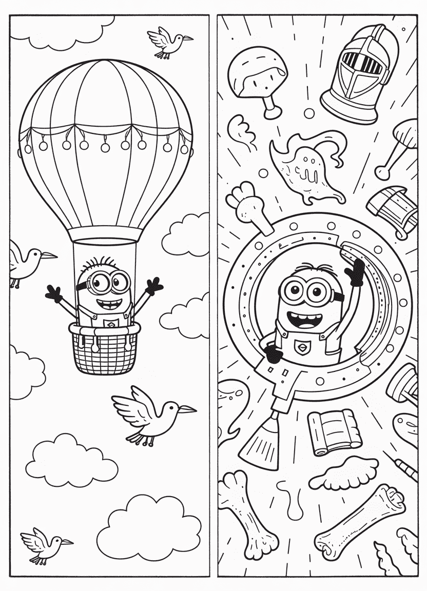 Minions in hot air balloon and stepping from a time machine