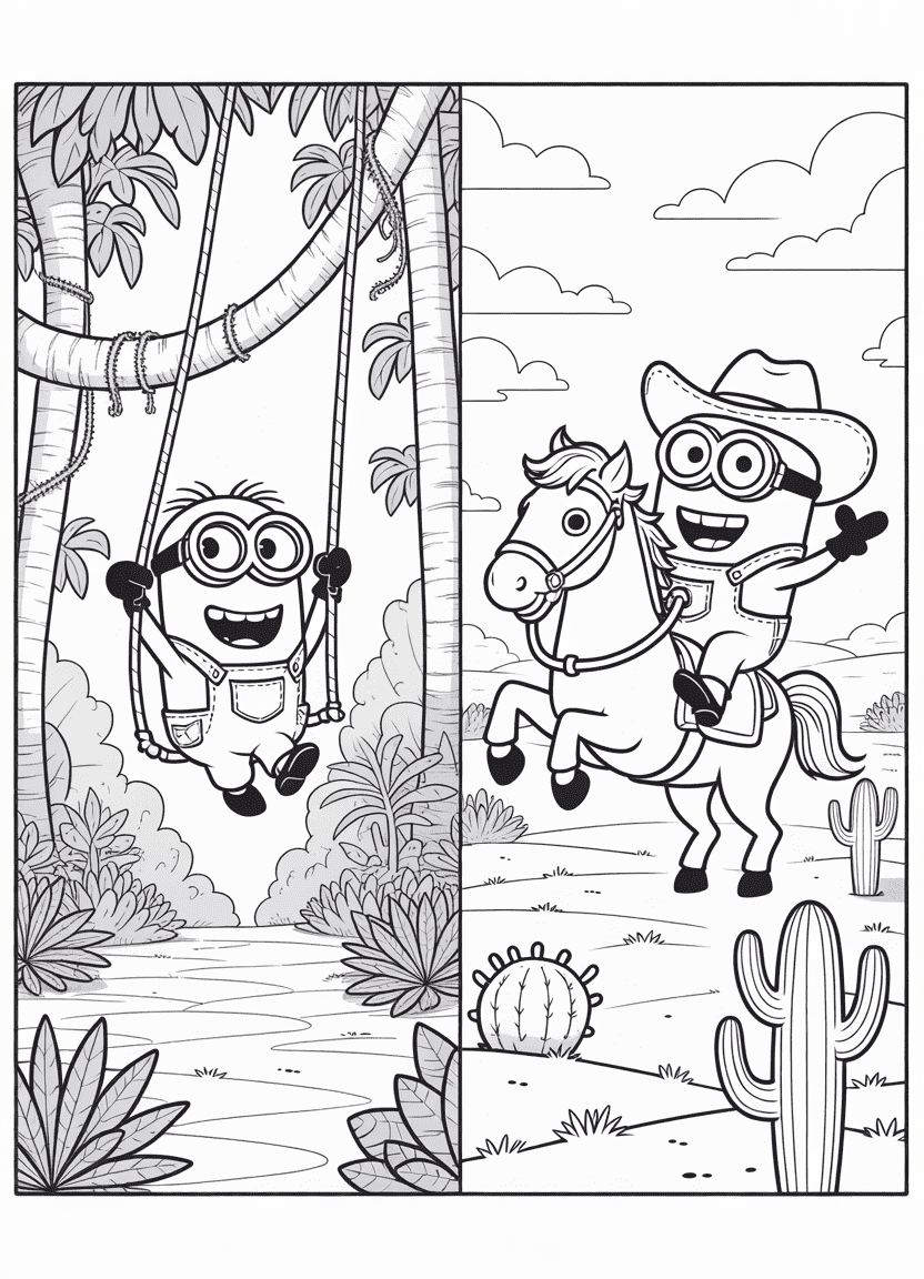 Minions in jungle explorer and cowboy outfits in two themed scenes