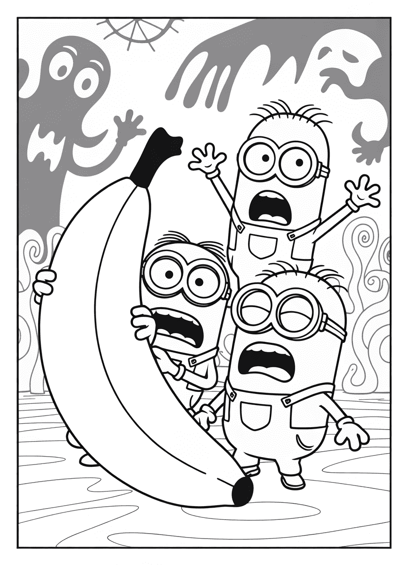 Minions looking scared and nervous in a spooky setting