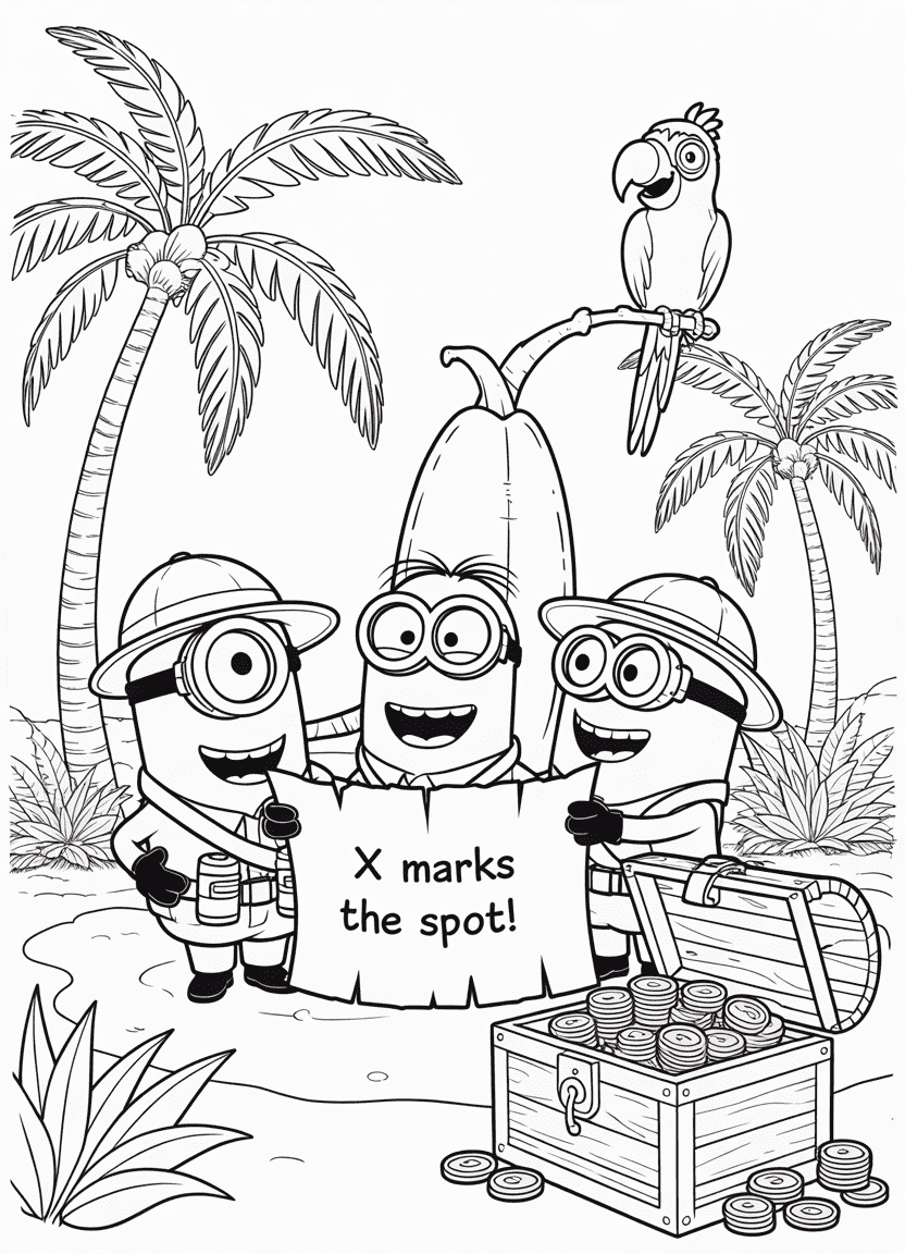 Minions on a banana treasure hunt in a tropical jungle