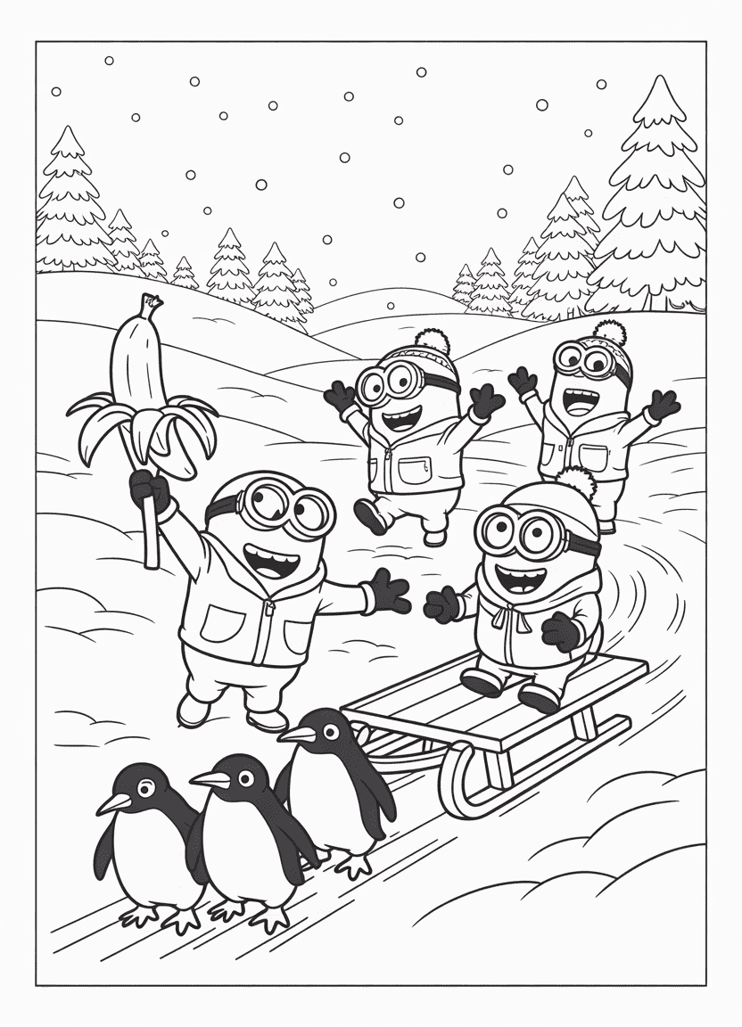 Minions on snowy Arctic expedition with sled, snow, and frozen bananas