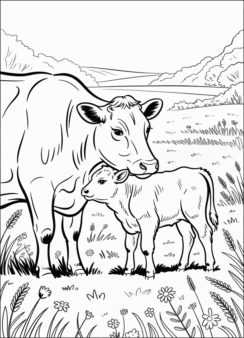 Mother cow and calf nuzzling in a meadow