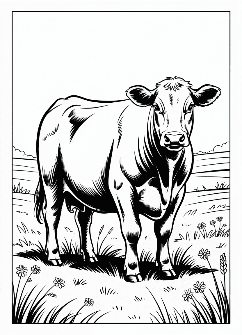 Muscular black Angus cow in a field