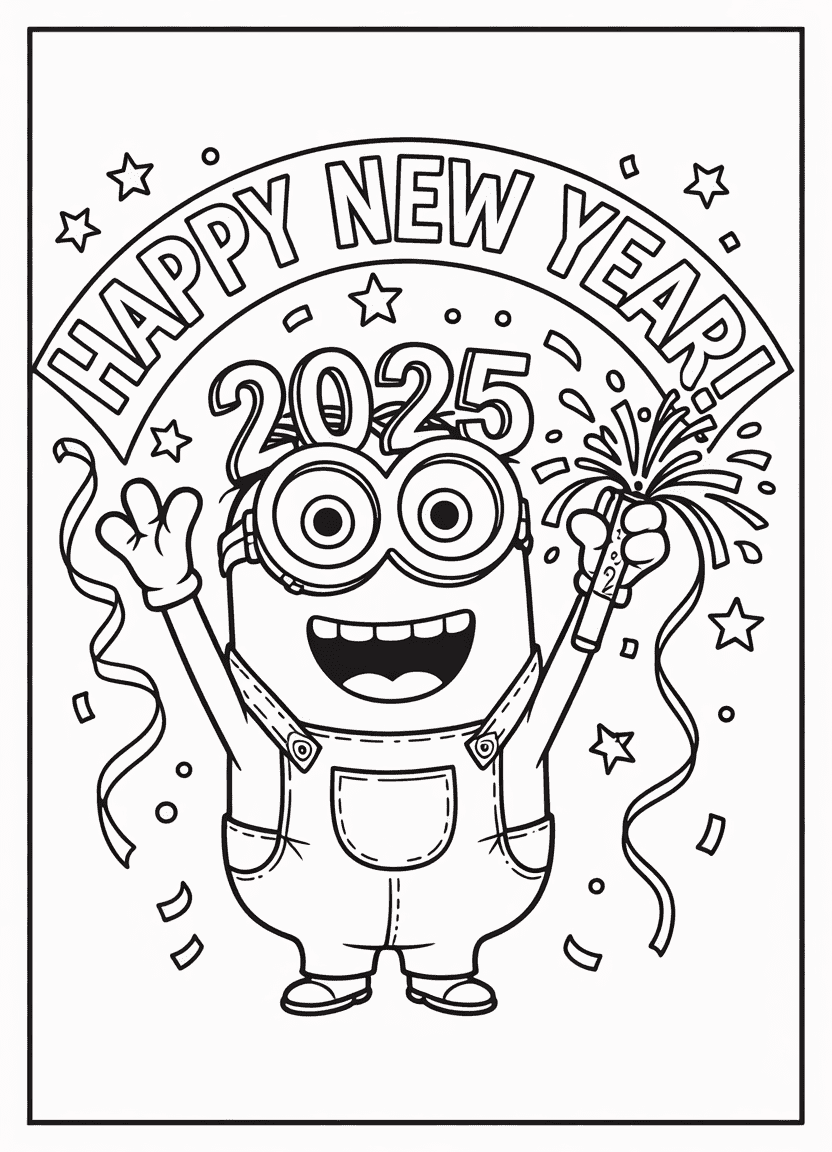 New Year Minion with 2025 glasses and party confetti