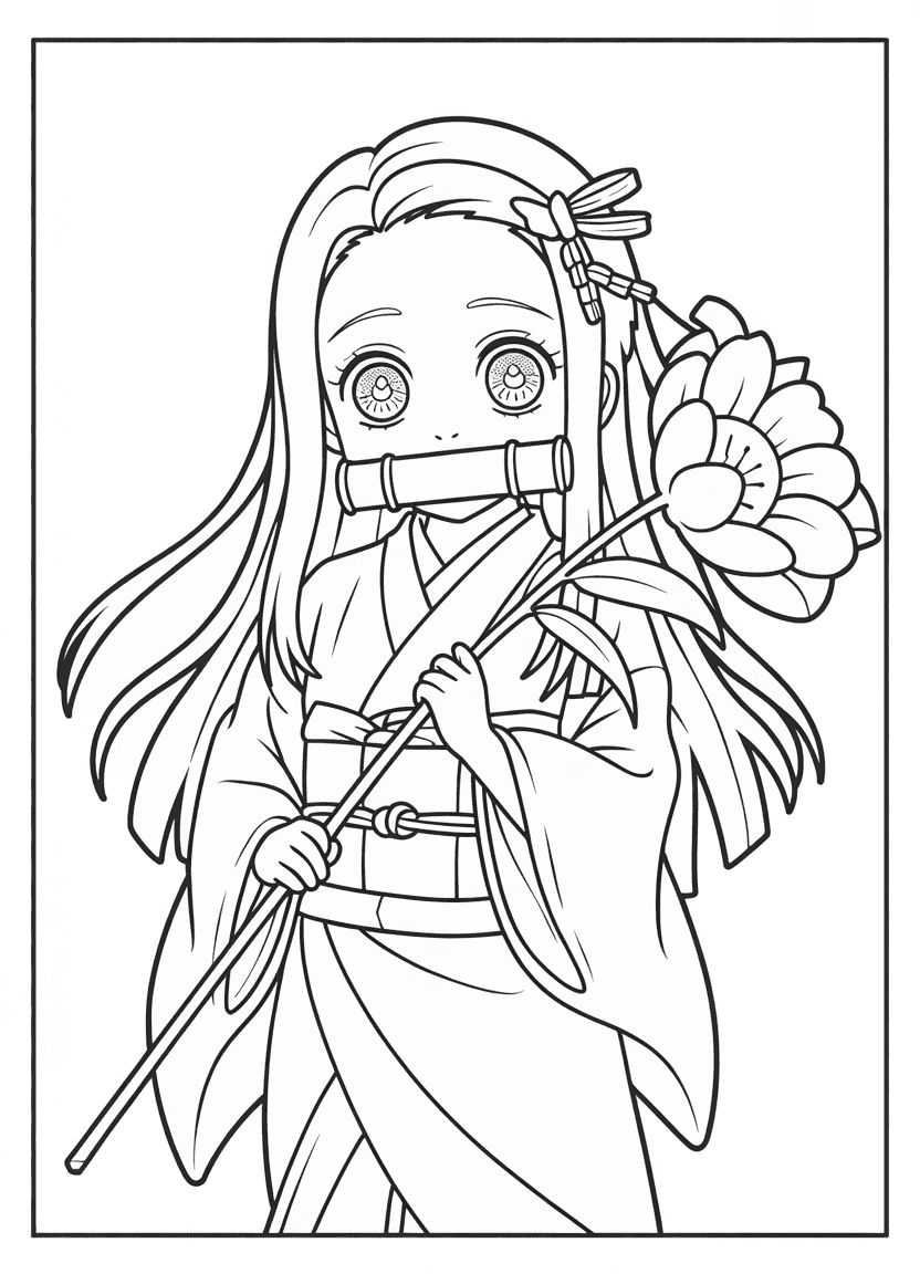 Nezuko Kamado coloring page for preschool kids holding a flower