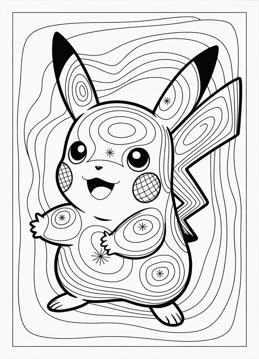 Optical illusion Pikachu formed by swirls and geometric patterns