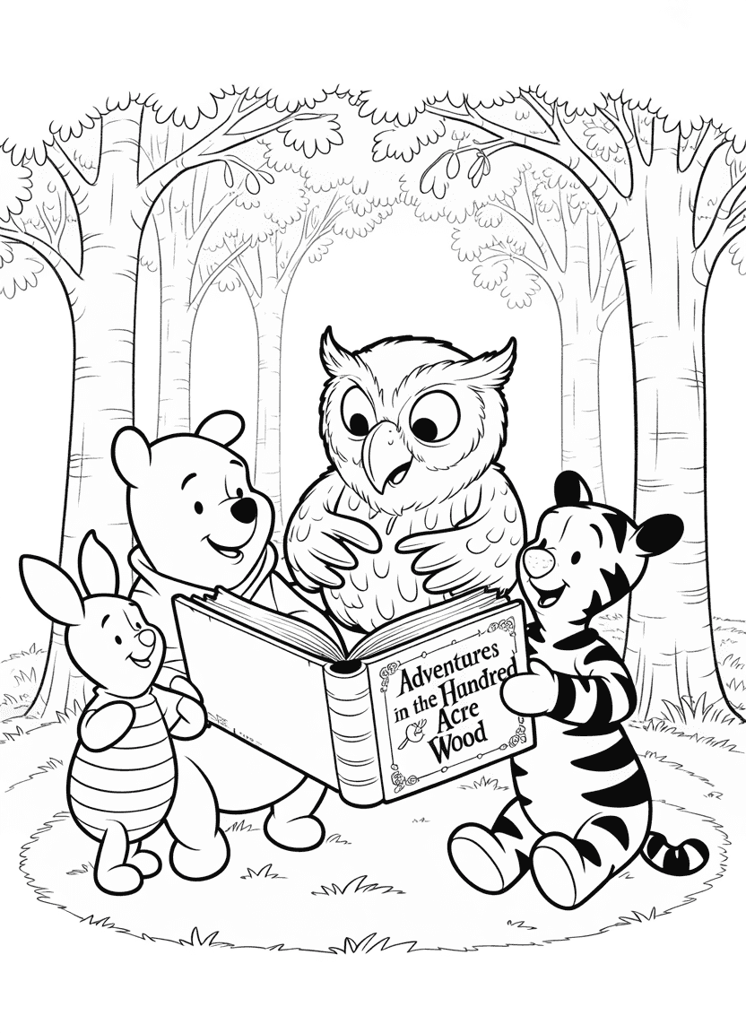 Owl reading a book to Rabbit, Pooh, Piglet, and Tigger in the forest