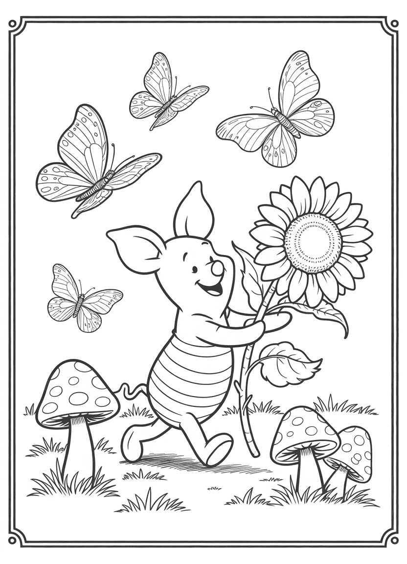 Piglet holding a flower and skipping through a meadow with butterflies