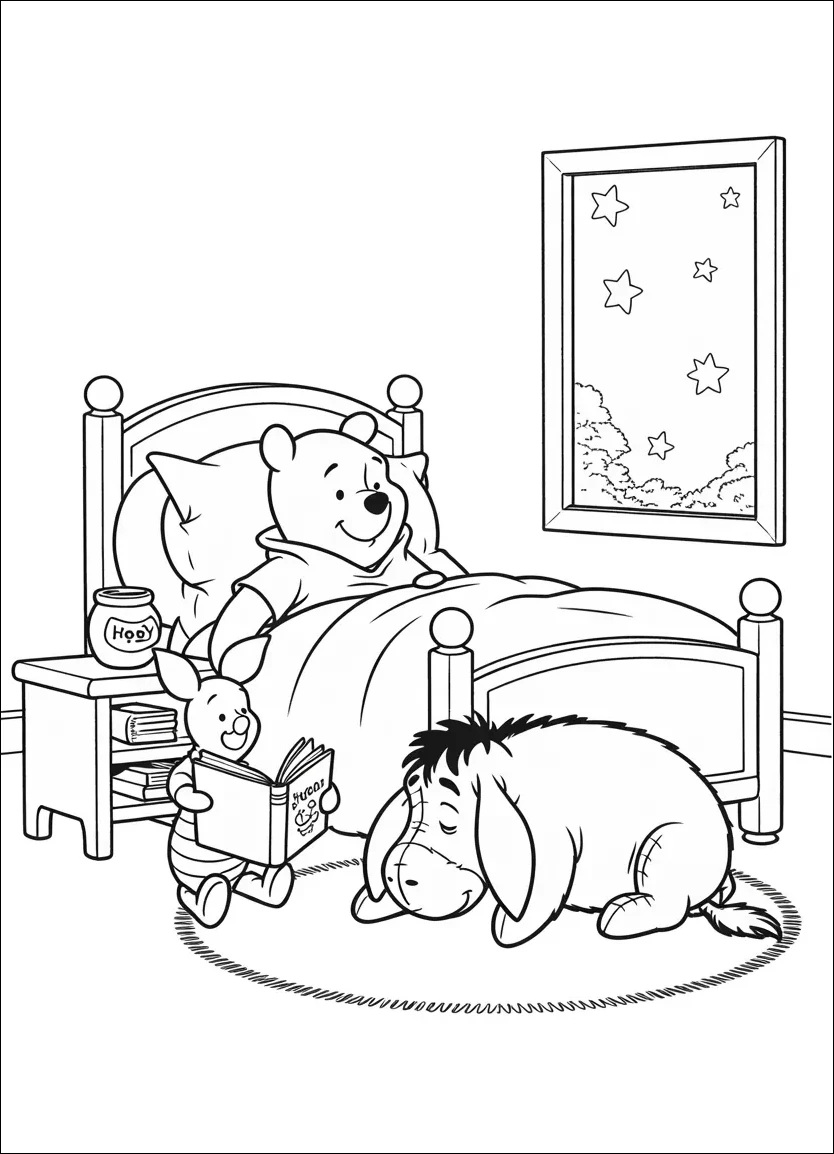 Piglet reading a bedtime story to Pooh as Eeyore sleeps