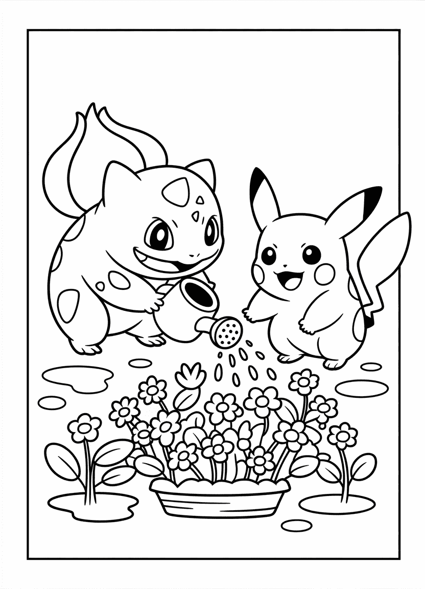 Pikachu and Bulbasaur watering plants as a team