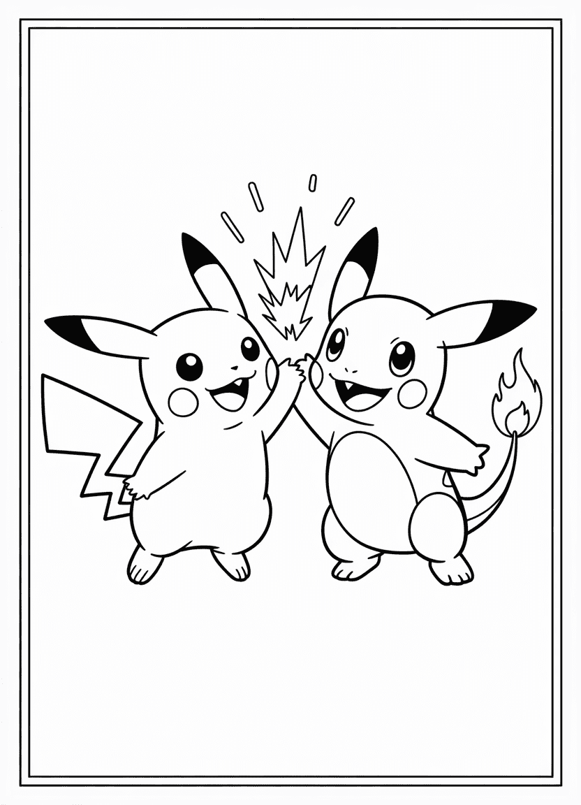 Pikachu and Charmander high-fiving, with sparks and flames
