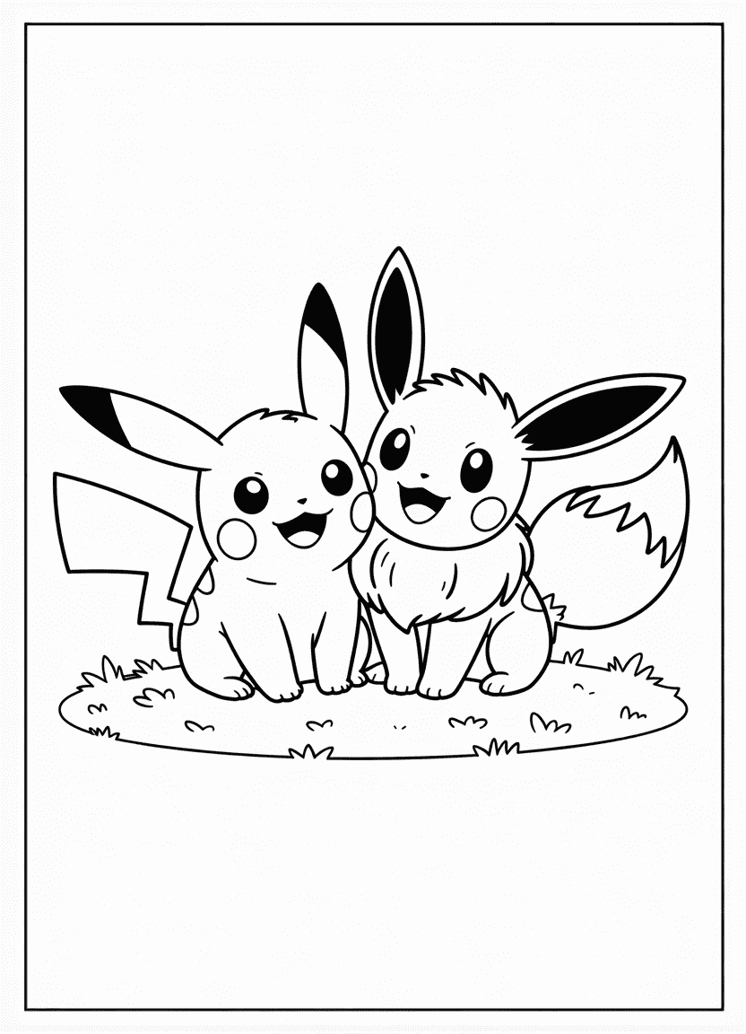Pikachu and Eevee sitting together, smiling happily