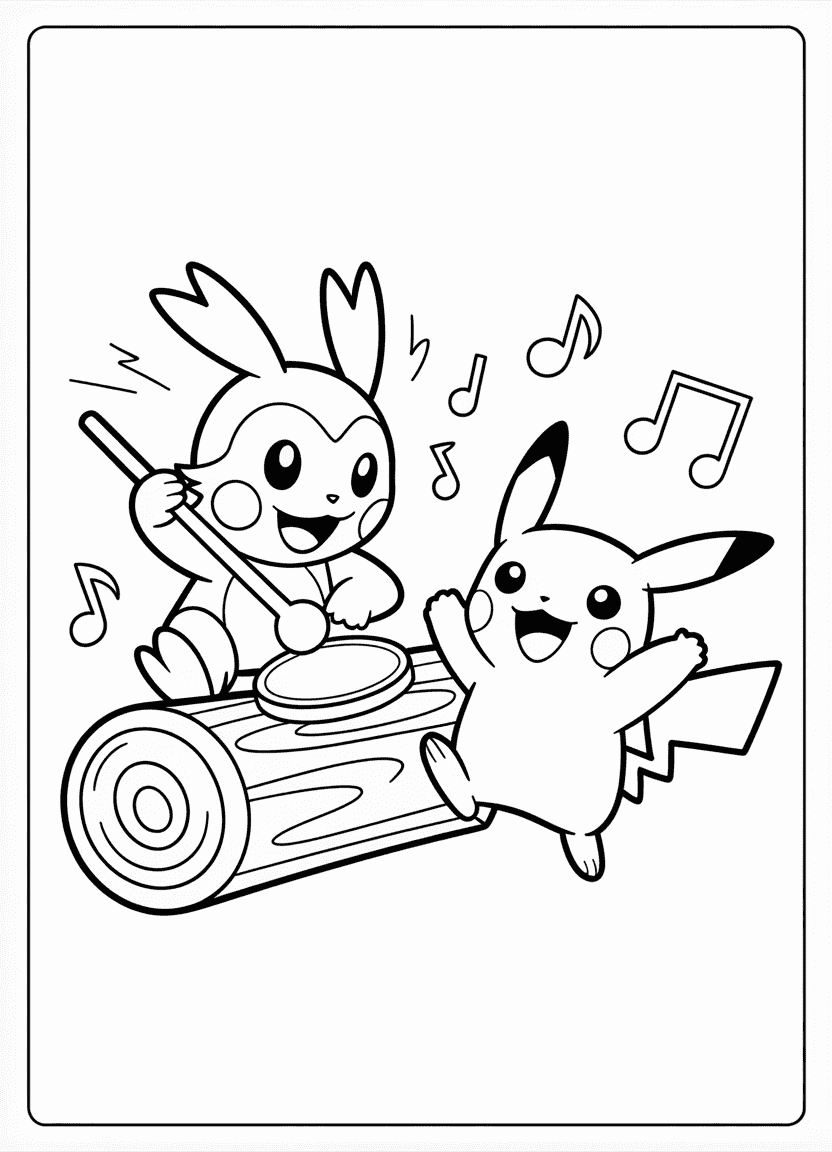 Pikachu and Grookey dancing with music and rhythm