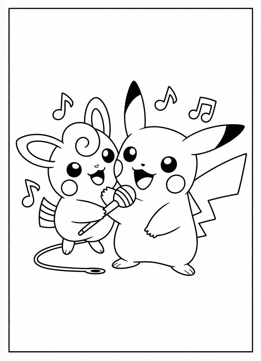 Pikachu and Jigglypuff singing with music notes around them