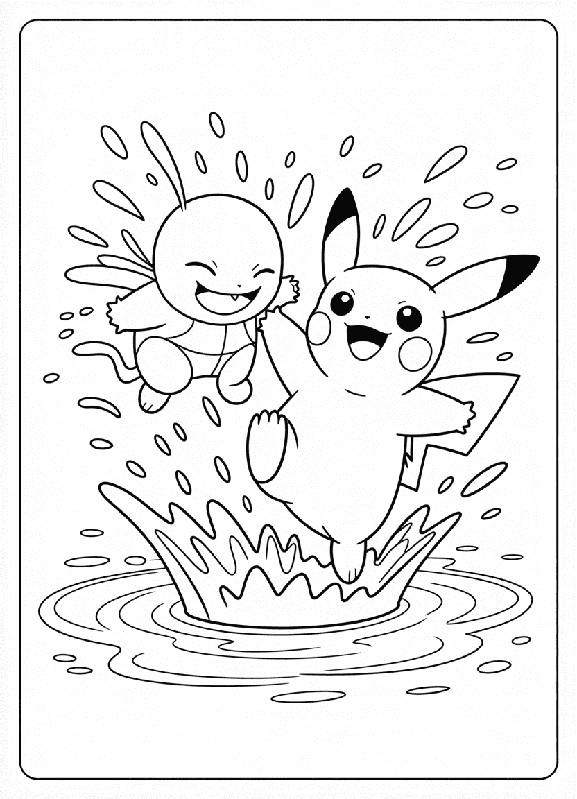 Pikachu and Squirtle splashing water and laughing together.