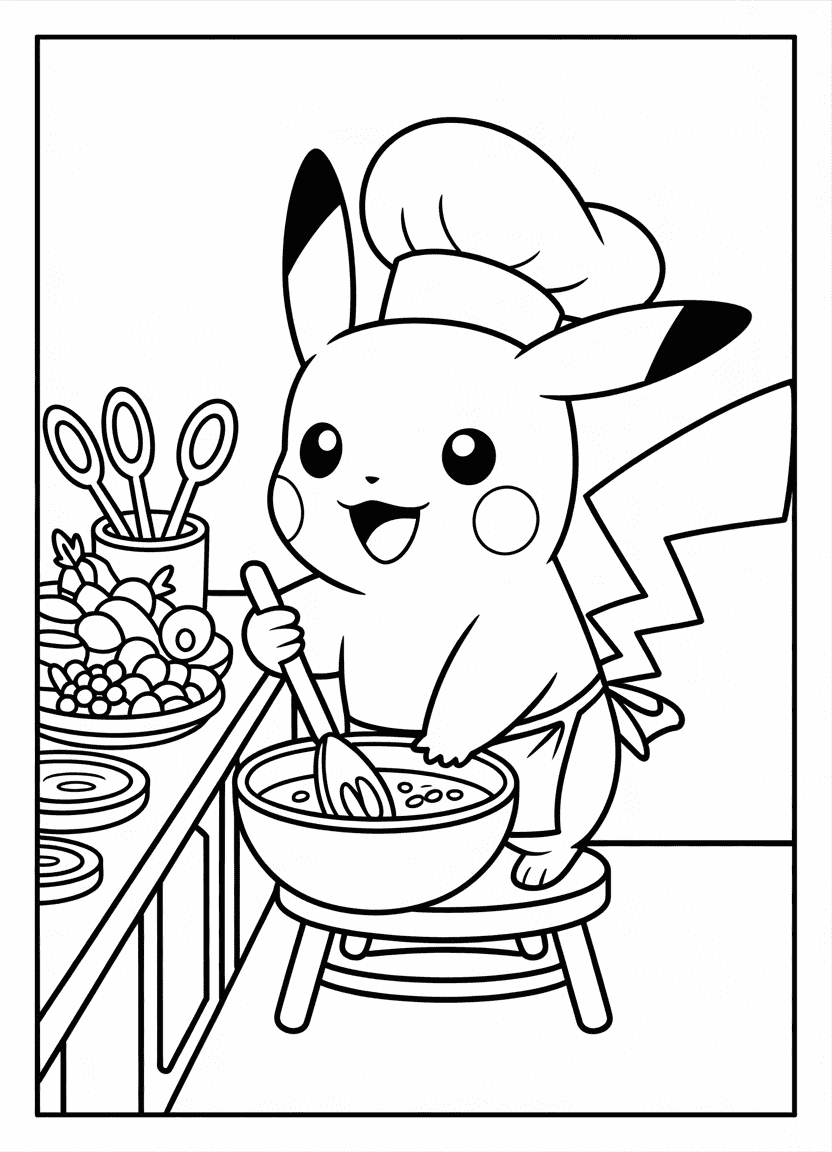 Pikachu as a chef stirring a bowl in the kitchen.