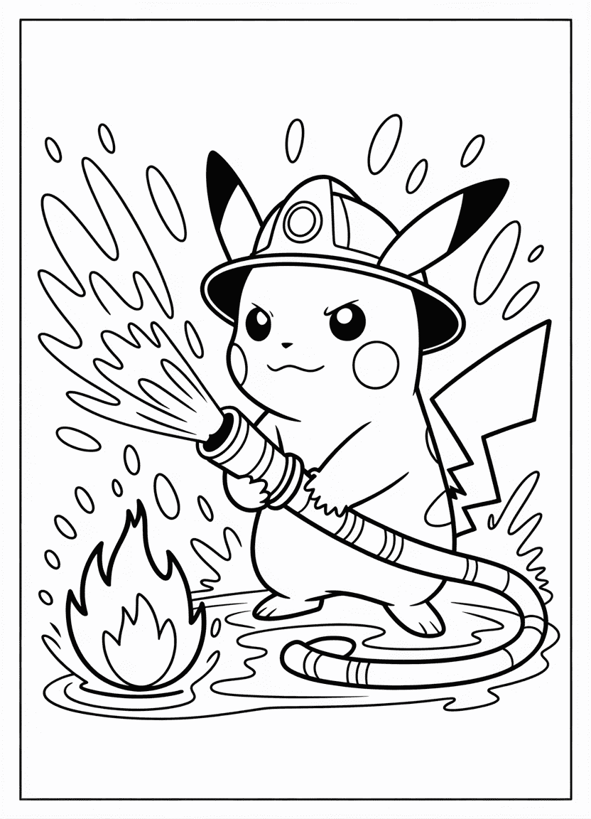 Pikachu as a firefighter spraying water on a fire