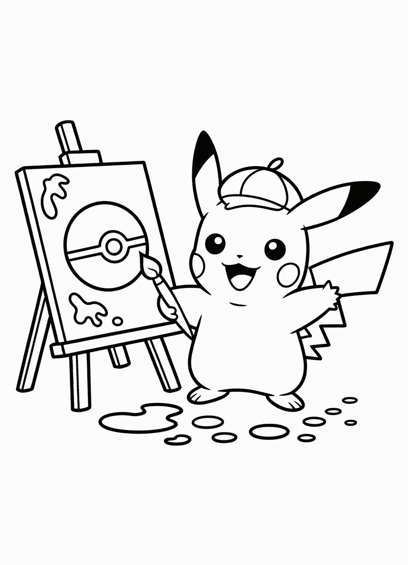 Pikachu as an artist painting a picture on a canvas