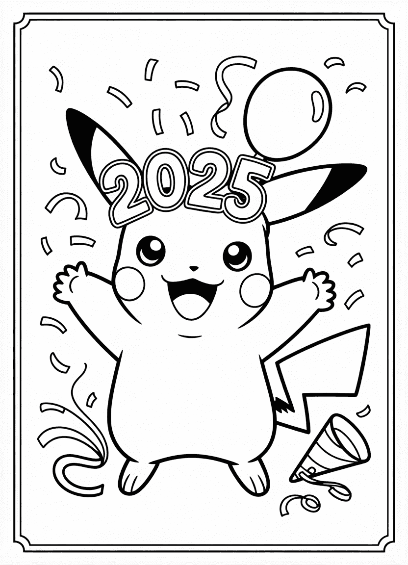 Pikachu celebrating New Year with confetti and 2025 glasses