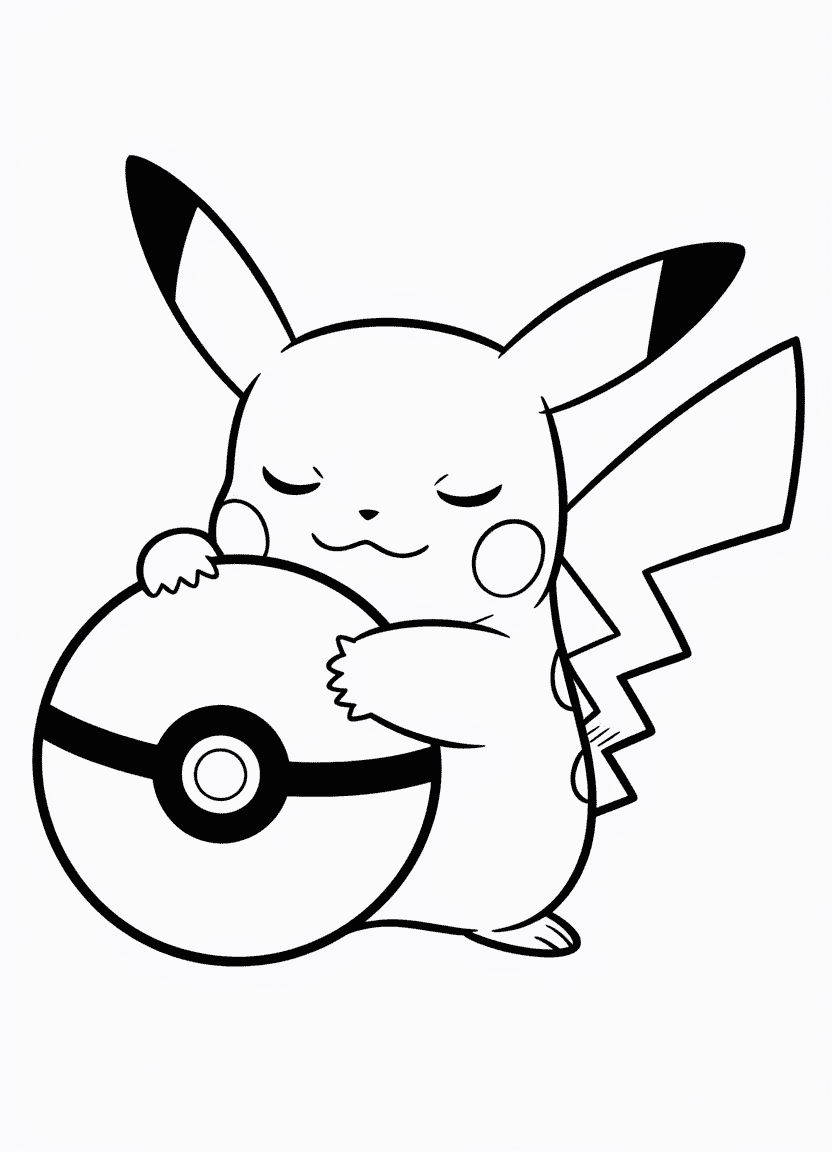 Pikachu cuddling a Poké Ball in a sweet pose, perfect for coloring