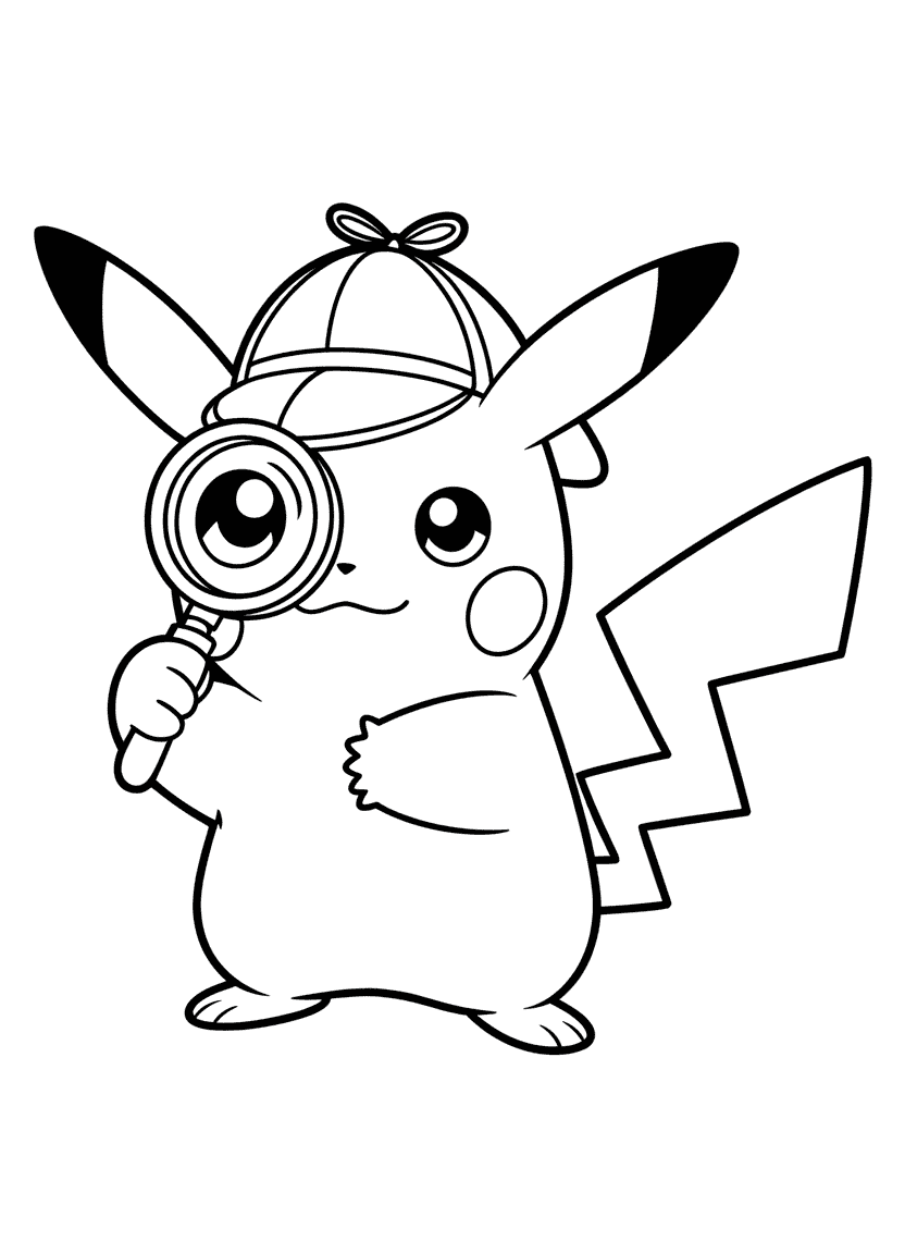 Pikachu dressed as a detective with a magnifying glass