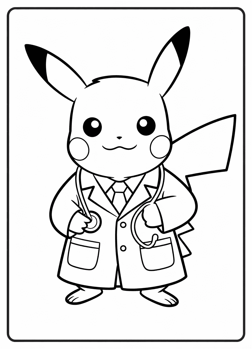 Pikachu dressed as a doctor checking a Togepi.