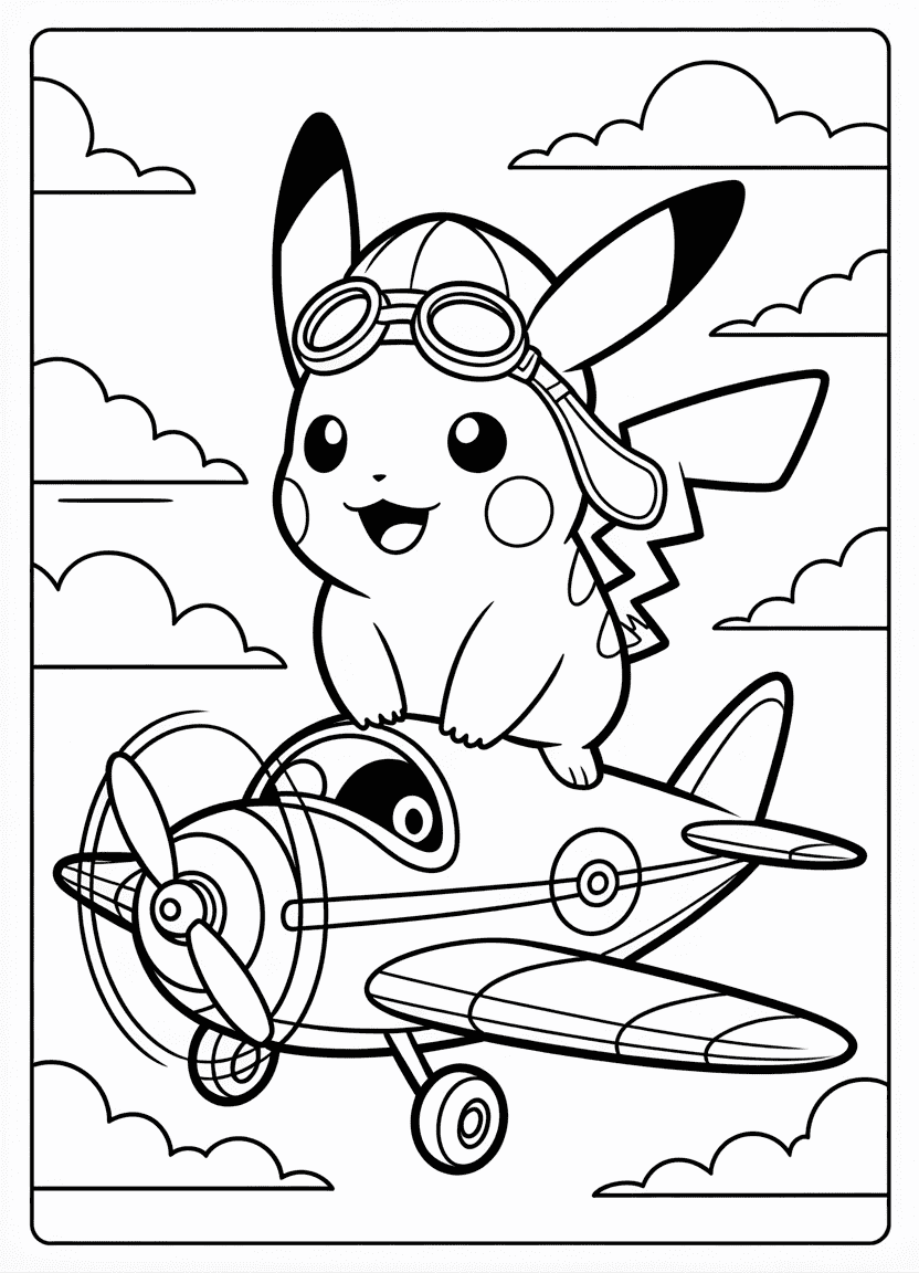 Pikachu dressed as a pilot standing by a small plane