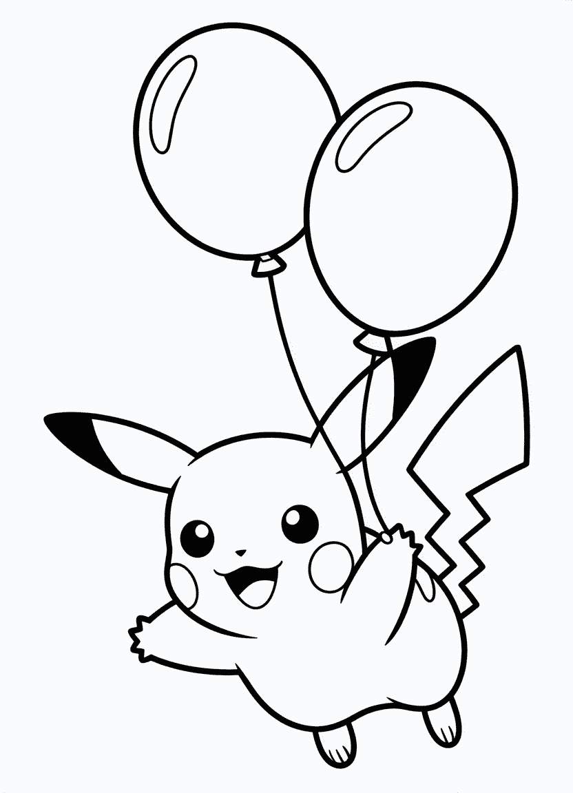 Pikachu flying with two balloons, smiling in mid-air