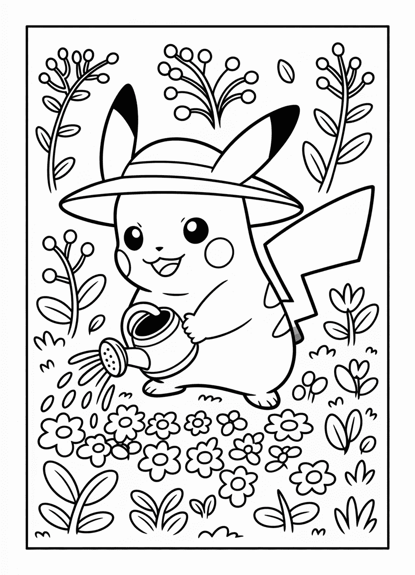 Pikachu gardening and watering flowers in a field