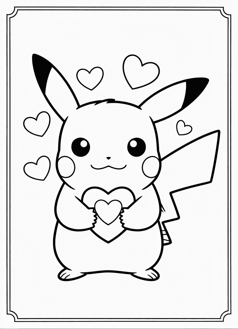 Pikachu holding a heart card with hearts around