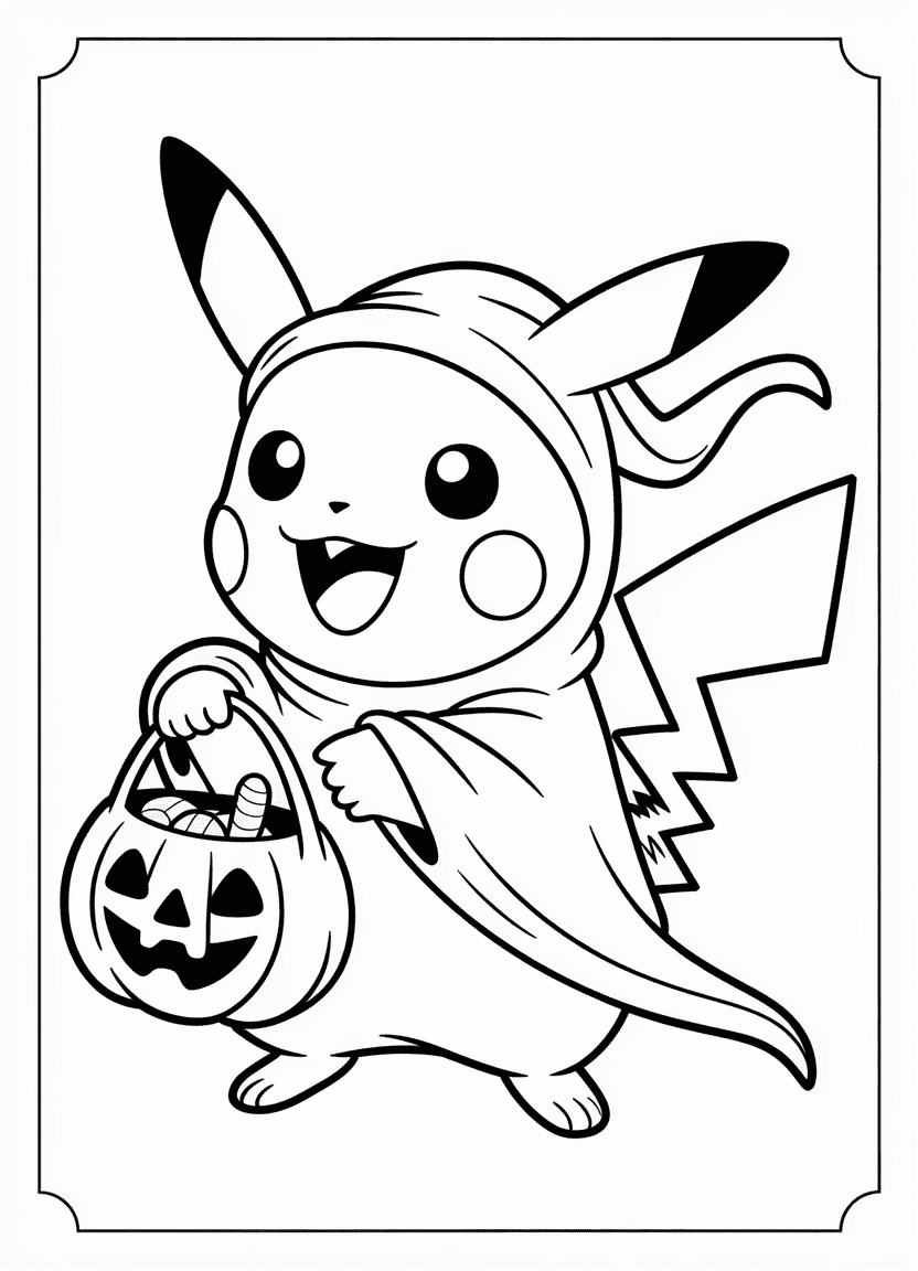 Pikachu in a Halloween costume holding a candy bag