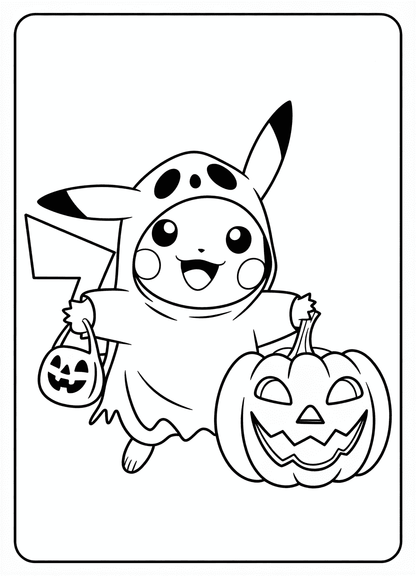 Pikachu in a ghost costume holding a candy bag next to a pumpkin.