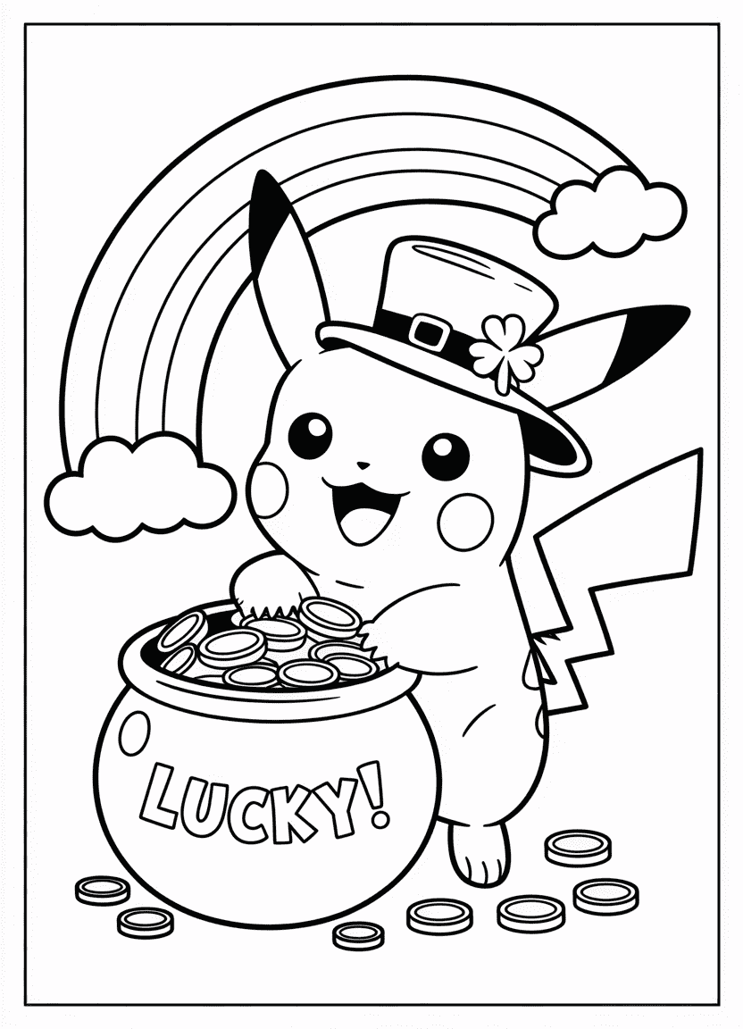 Pikachu in a leprechaun hat with a pot of gold and rainbow