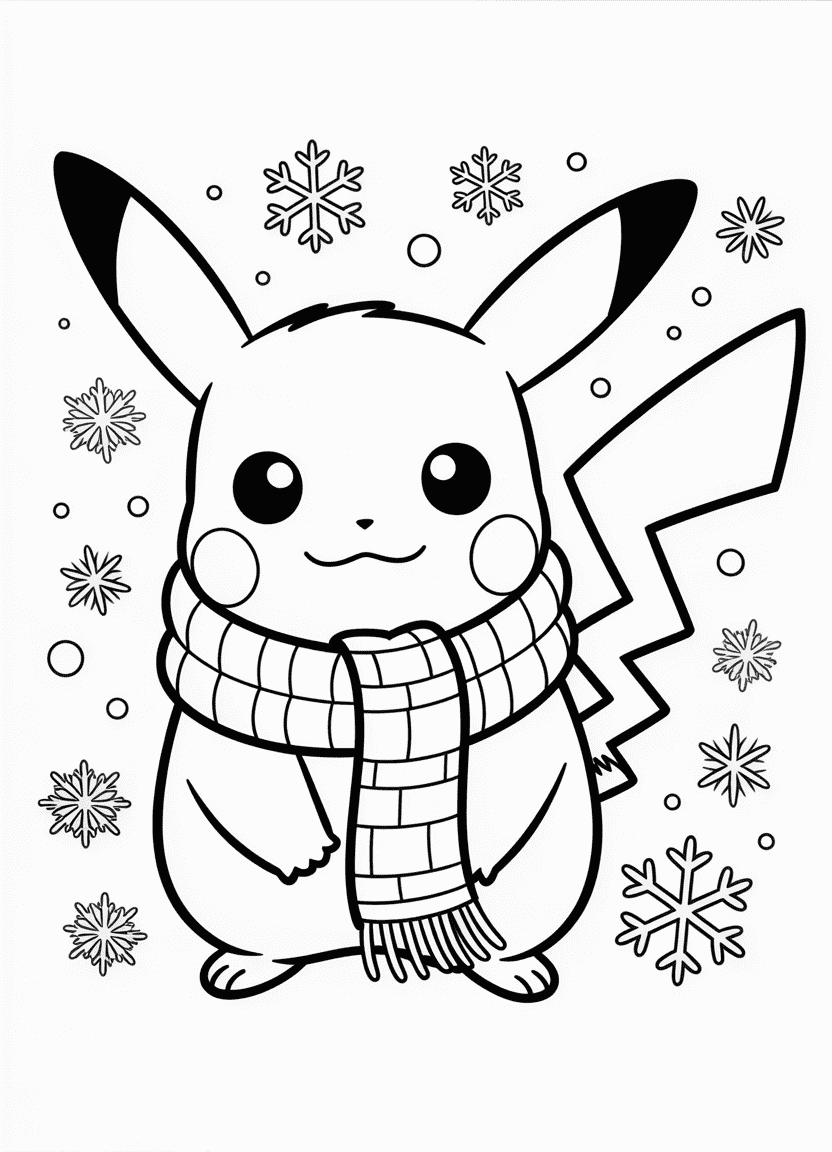 Pikachu in a scarf with snowflakes, a cozy winter-themed coloring page.