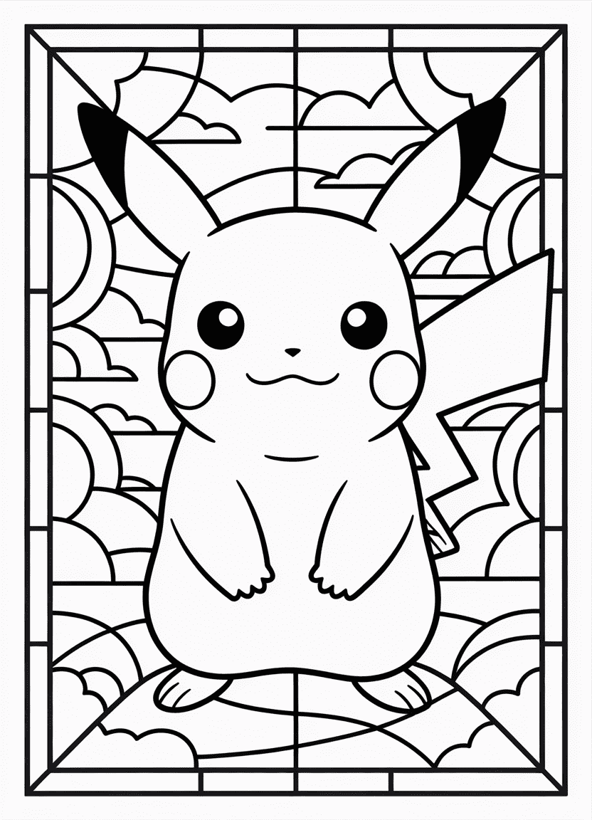 Pikachu in a stained-glass pattern with decorative thunderbolt and leaf shapes