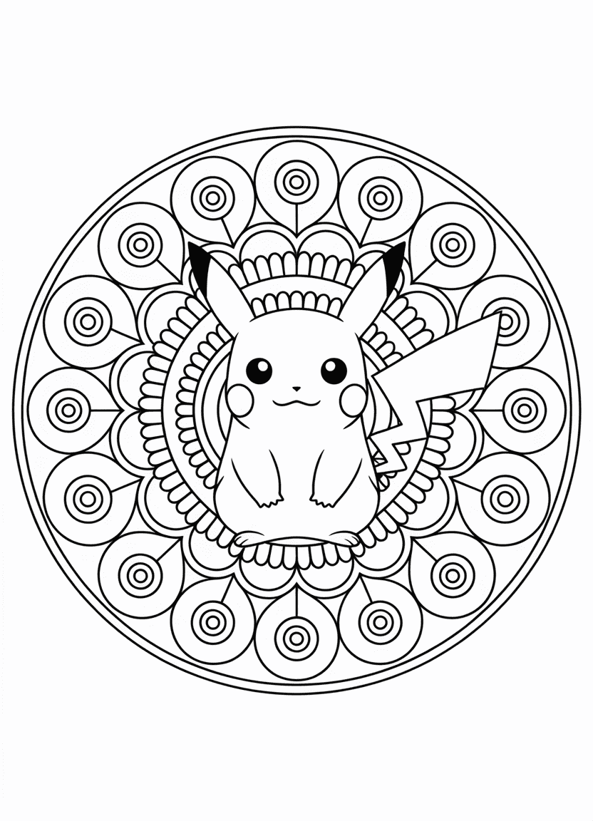 Pikachu in the center of a mandala with Pokémon-themed patterns